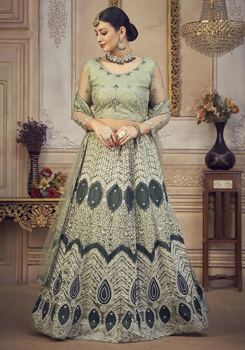 Light Green Embroidered Net Lehenga Set