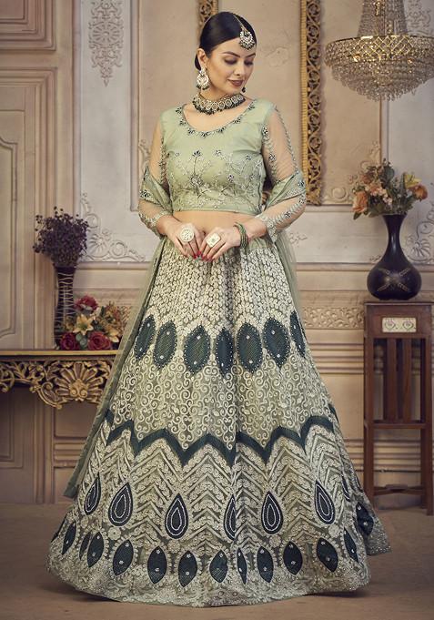 Light Green Embroidered Net Lehenga Set