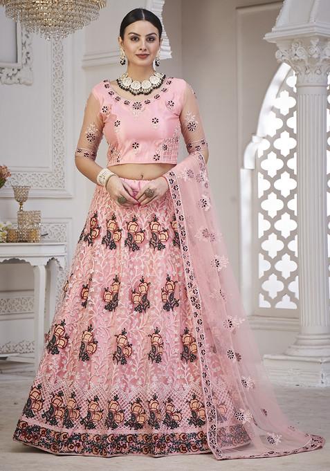 Light Pink Embroidered Net Lehenga Set