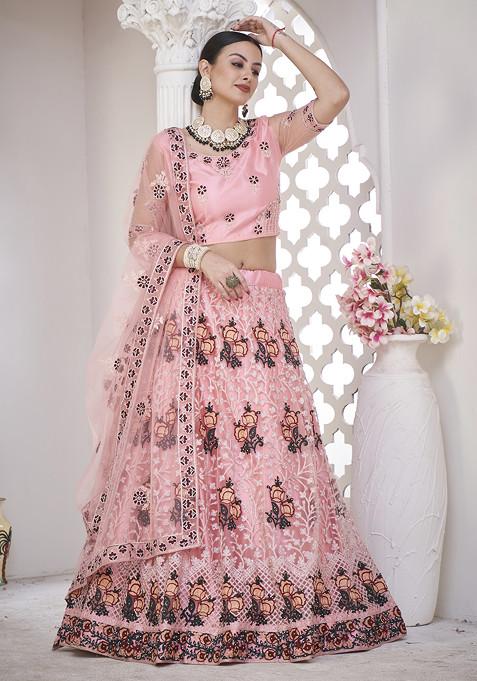 Light Pink Embroidered Net Lehenga Set