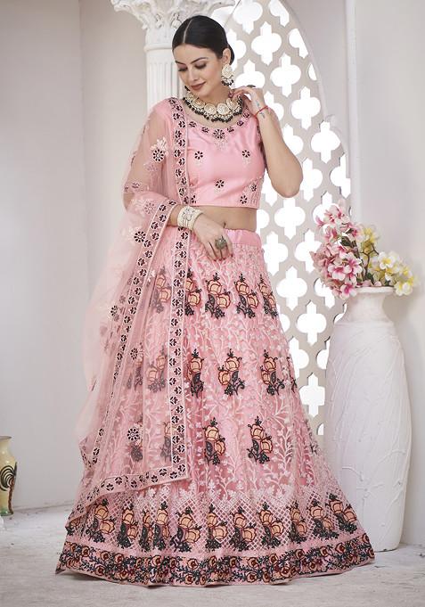 Light Pink Embroidered Net Lehenga Set
