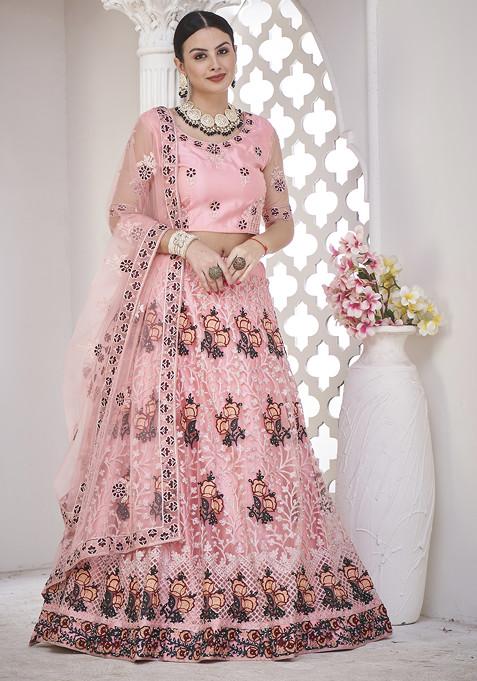 Light Pink Embroidered Net Lehenga Set
