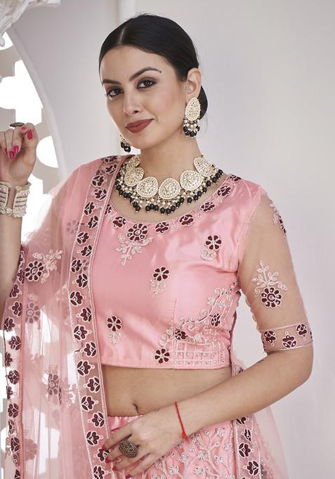 Light Pink Embroidered Net Lehenga Set