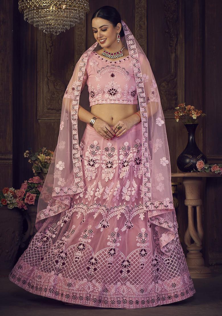 Blush Pink Sequin Embroidered Net Lehenga Set - Indya