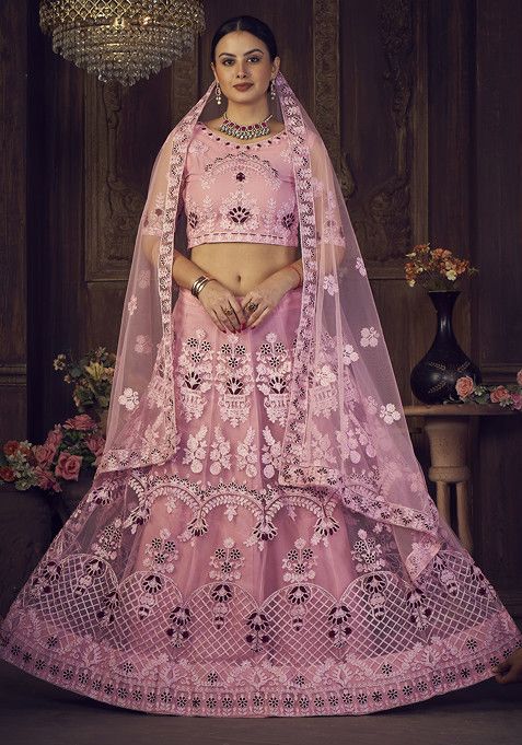 Blush Pink Sequin Embroidered Net Lehenga Set