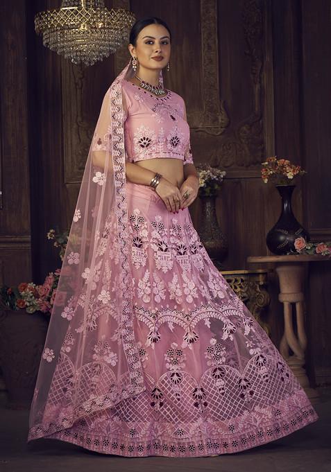 Blush Pink Sequin Embroidered Net Lehenga Set