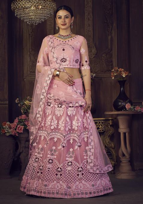 Blush Pink Sequin Embroidered Net Lehenga Set