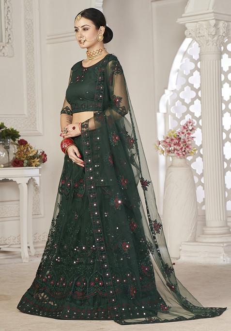 Green Sequin Embroidered Net Lehenga Set