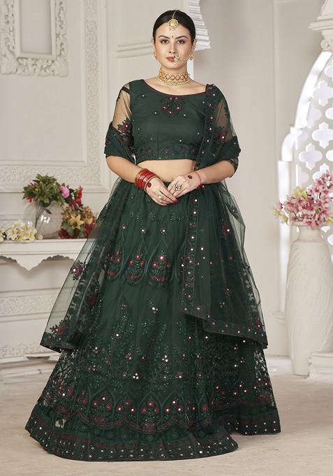 Green Sequin Embroidered Net Lehenga Set