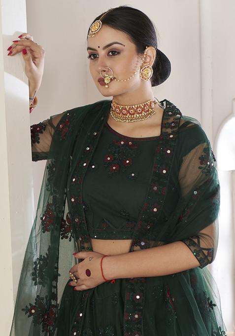 Green Sequin Embroidered Net Lehenga Set