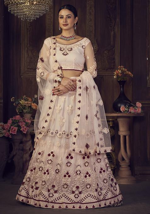 Pink Thread Embroidered Net Lehenga Set