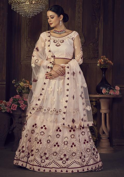 Pink Thread Embroidered Net Lehenga Set
