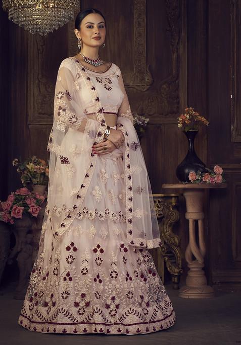 Pink Thread Embroidered Net Lehenga Set
