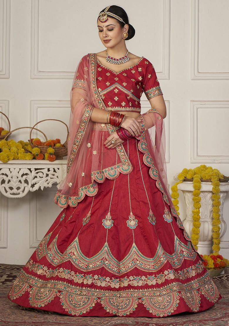 Maroon Hand Embroidered Taffeta Silk Lehenga Set