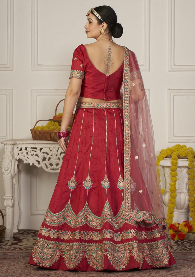 Maroon Hand Embroidered Taffeta Silk Lehenga Set
