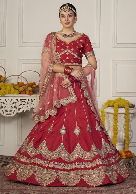 Maroon Hand Embroidered Taffeta Silk Lehenga Set