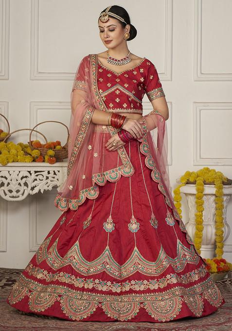 Maroon Hand Embroidered Taffeta Silk Lehenga Set