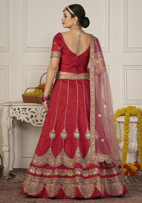 Maroon Hand Embroidered Taffeta Silk Lehenga Set