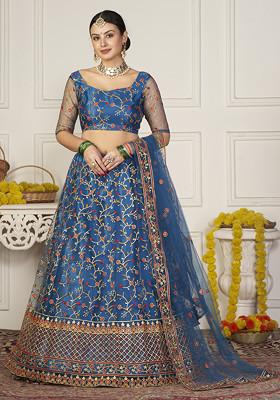 Rama Blue Sequin Thread Embroidered Net Lehenga Set