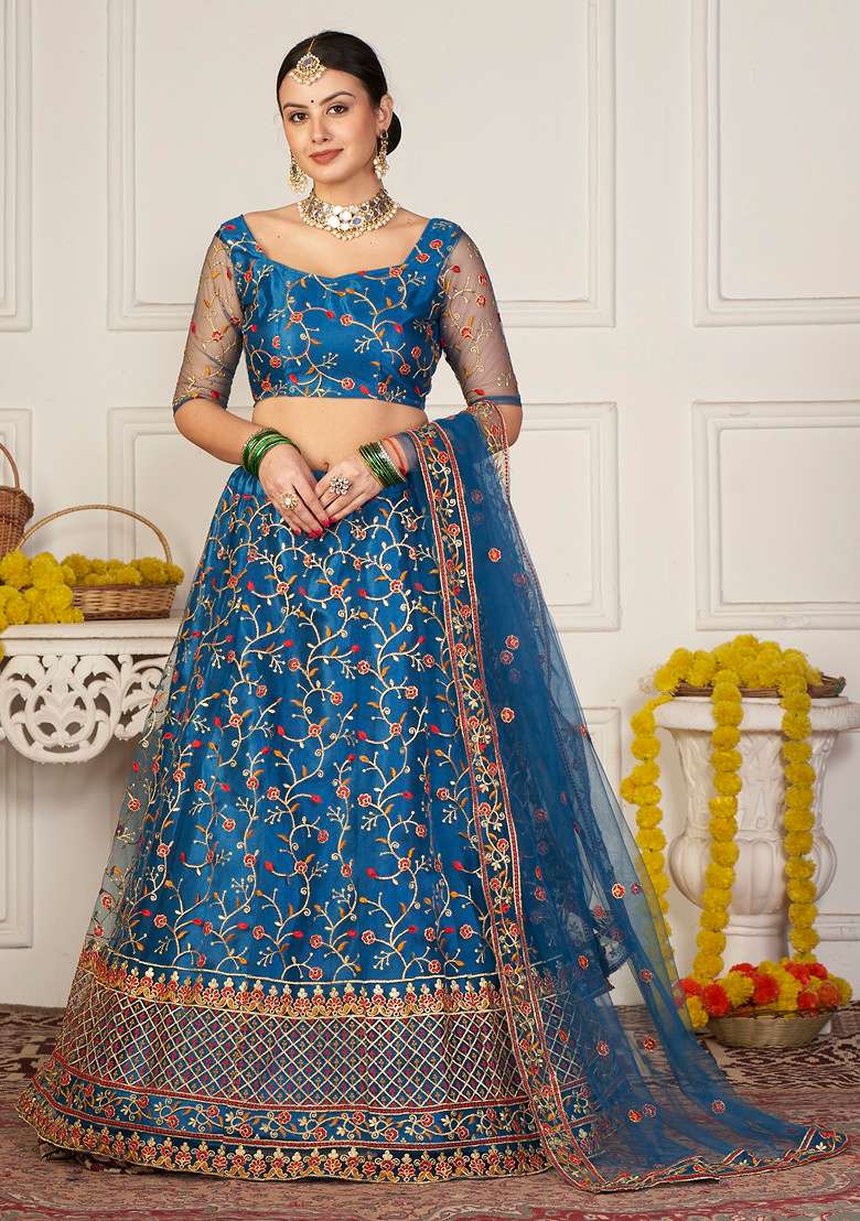 Rama Blue Sequin Thread Embroidered Net Lehenga Set for Diwali and Festive Wear - Indya