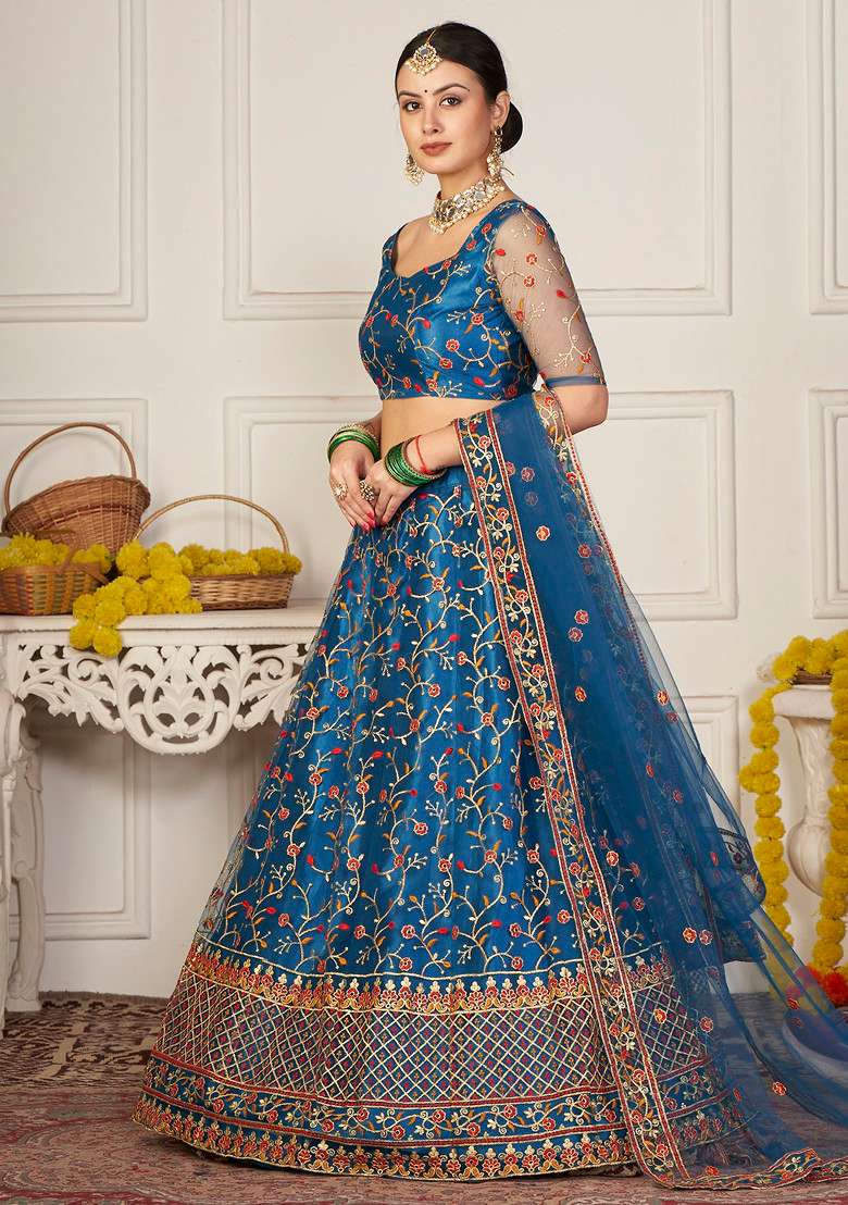 Rama Blue Sequin Thread Embroidered Net Lehenga Set for Diwali and Festive Wear - Indya