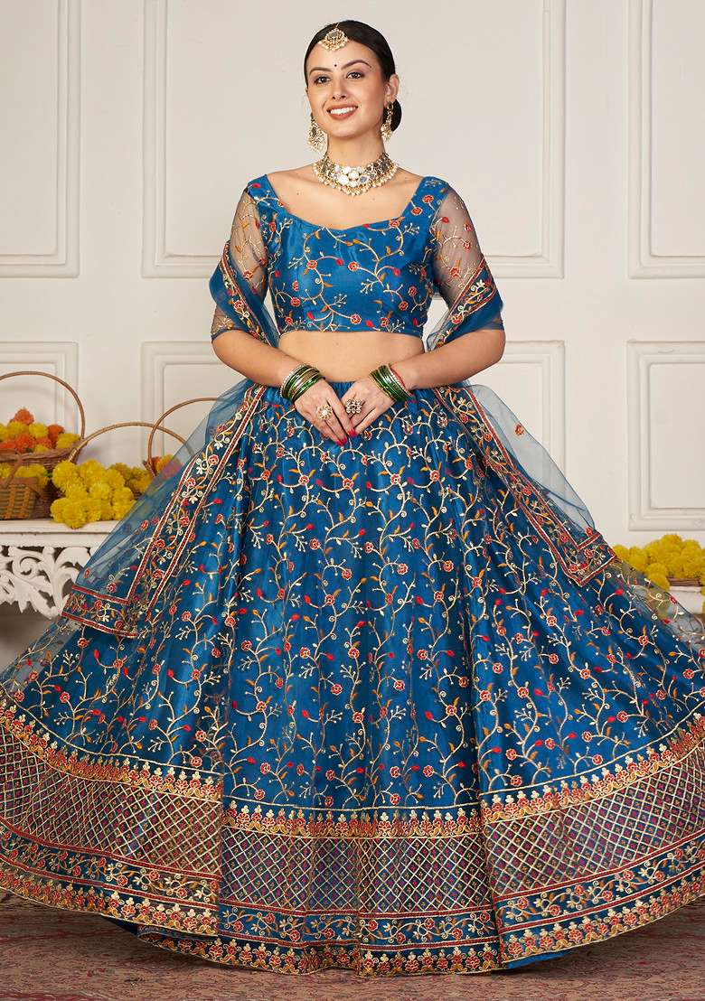 Rama Blue Sequin Thread Embroidered Net Lehenga Set for Diwali and Festive Wear - Indya