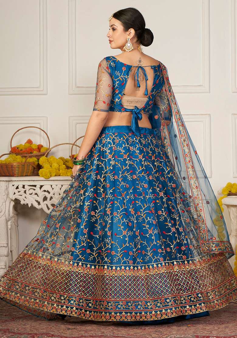Rama Blue Sequin Thread Embroidered Net Lehenga Set for Diwali and Festive Wear - Indya