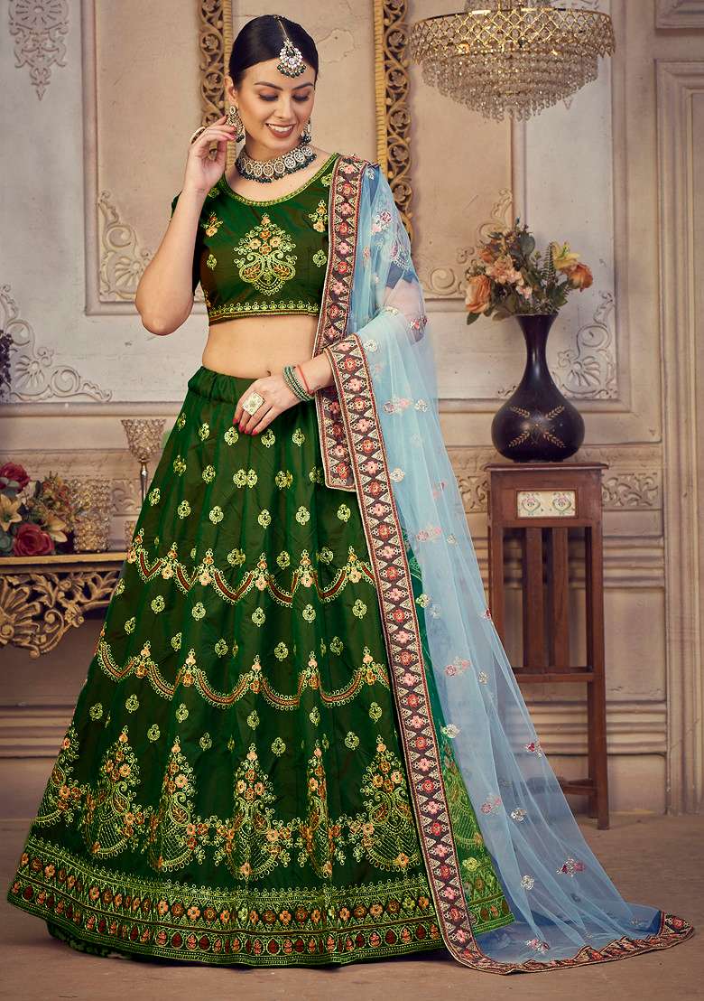 Sky Blue Taffeta Silk Blend Lehenga Set with Embroidered & Sequin for Diwali | Wedding & Festive Wear - Indya