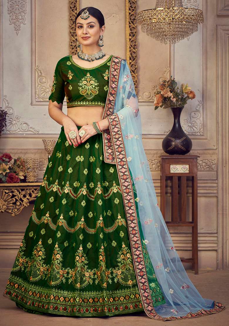 Sky Blue Taffeta Silk Blend Lehenga Set with Embroidered & Sequin for Diwali | Wedding & Festive Wear - Indya