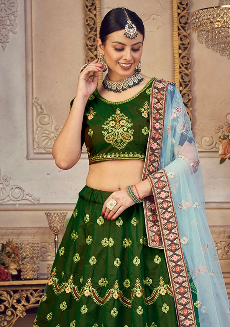 Sky Blue Taffeta Silk Blend Lehenga Set with Embroidered & Sequin for Diwali | Wedding & Festive Wear - Indya