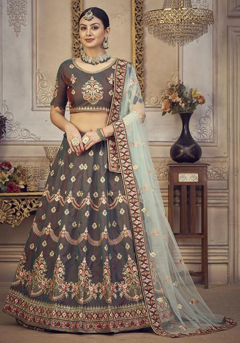 Sky Blue Sequin Embroidered Taffeta Silk Lehenga Set