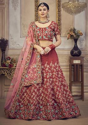 Maroon Embroidered Taffeta Silk Lehenga Set