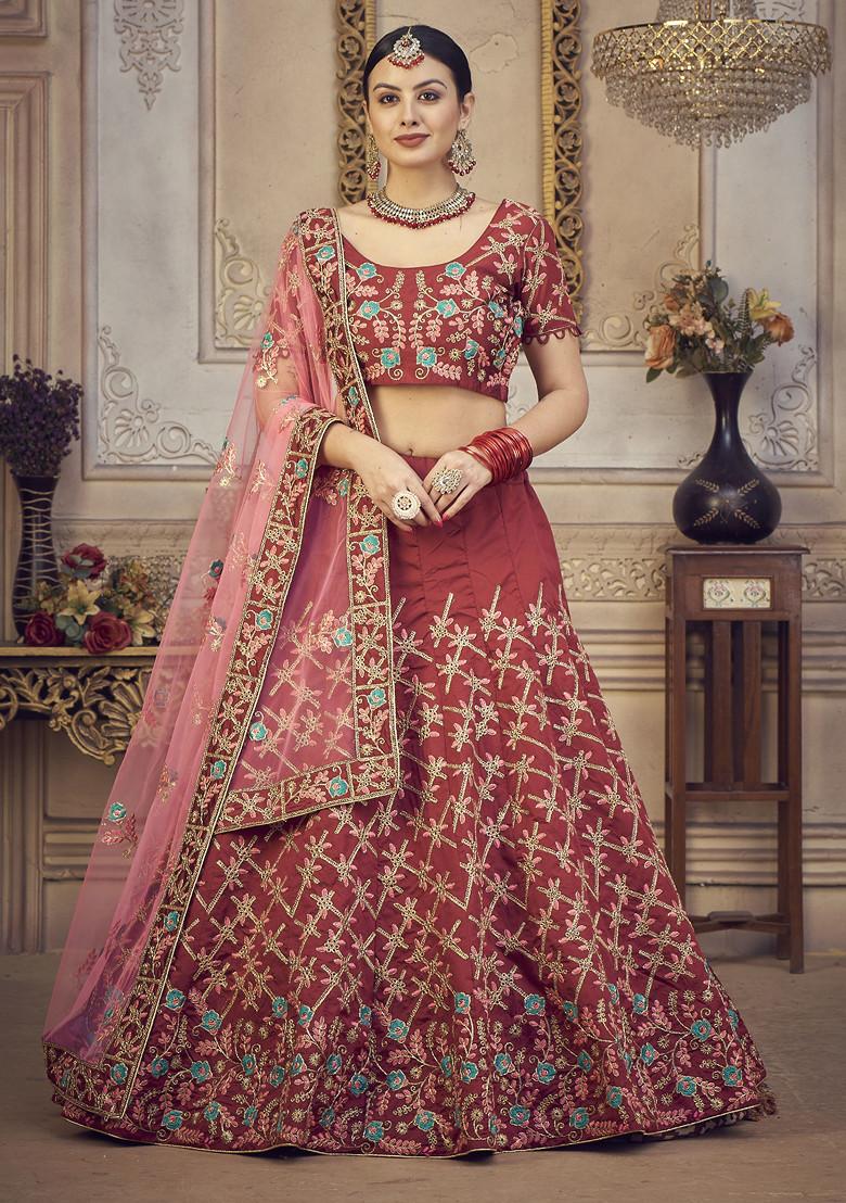 Maroon Embroidered Taffeta Silk Lehenga Set