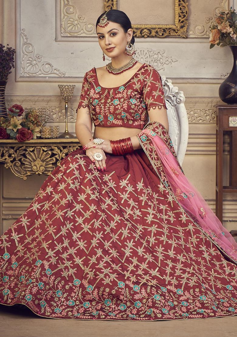 Maroon Embroidered Taffeta Silk Lehenga Set