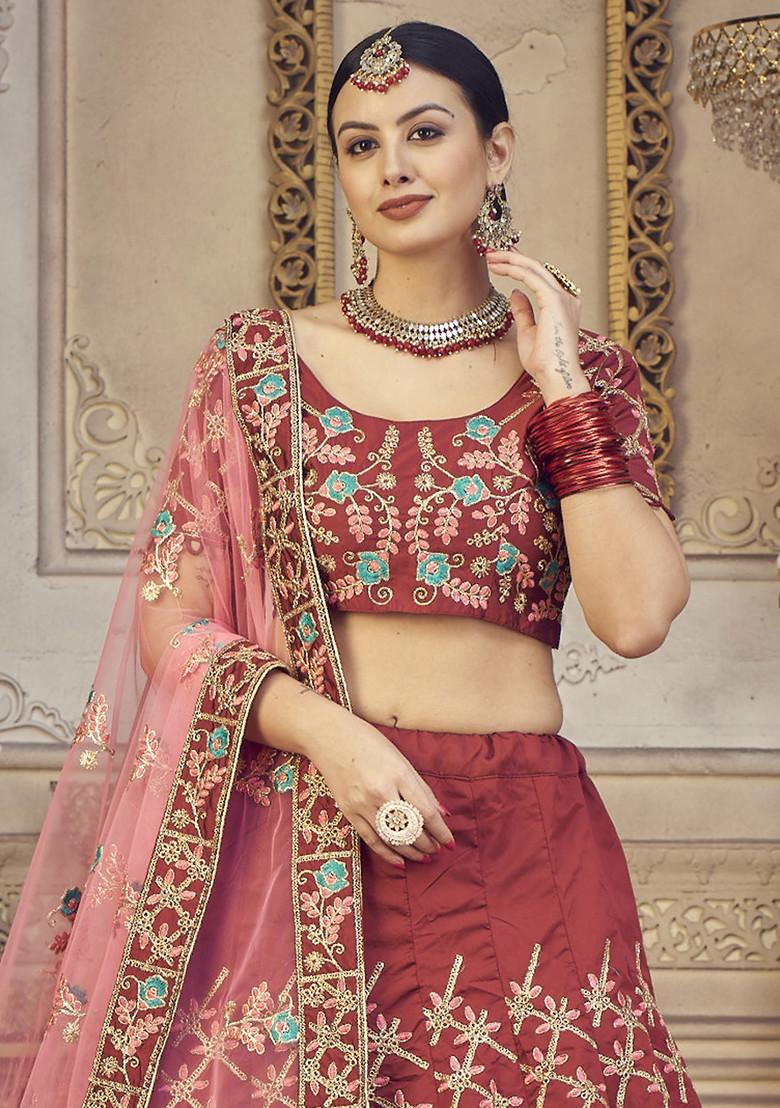 Maroon Embroidered Taffeta Silk Lehenga Set