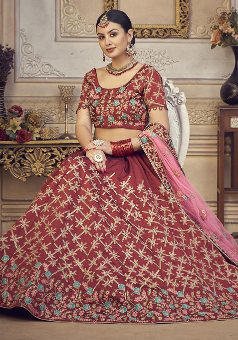 Maroon Embroidered Taffeta Silk Lehenga Set