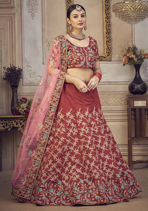 Maroon Embroidered Taffeta Silk Lehenga Set