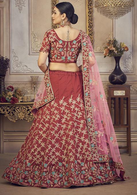 Maroon Embroidered Taffeta Silk Lehenga Set