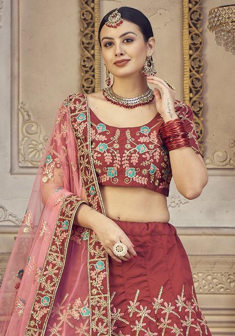 Maroon Embroidered Taffeta Silk Lehenga Set