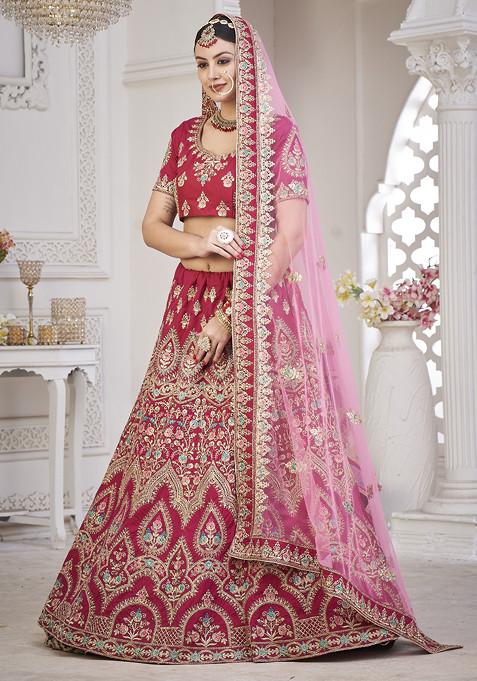Maroon Sequin Embroidered Taffeta Silk Lehenga Set