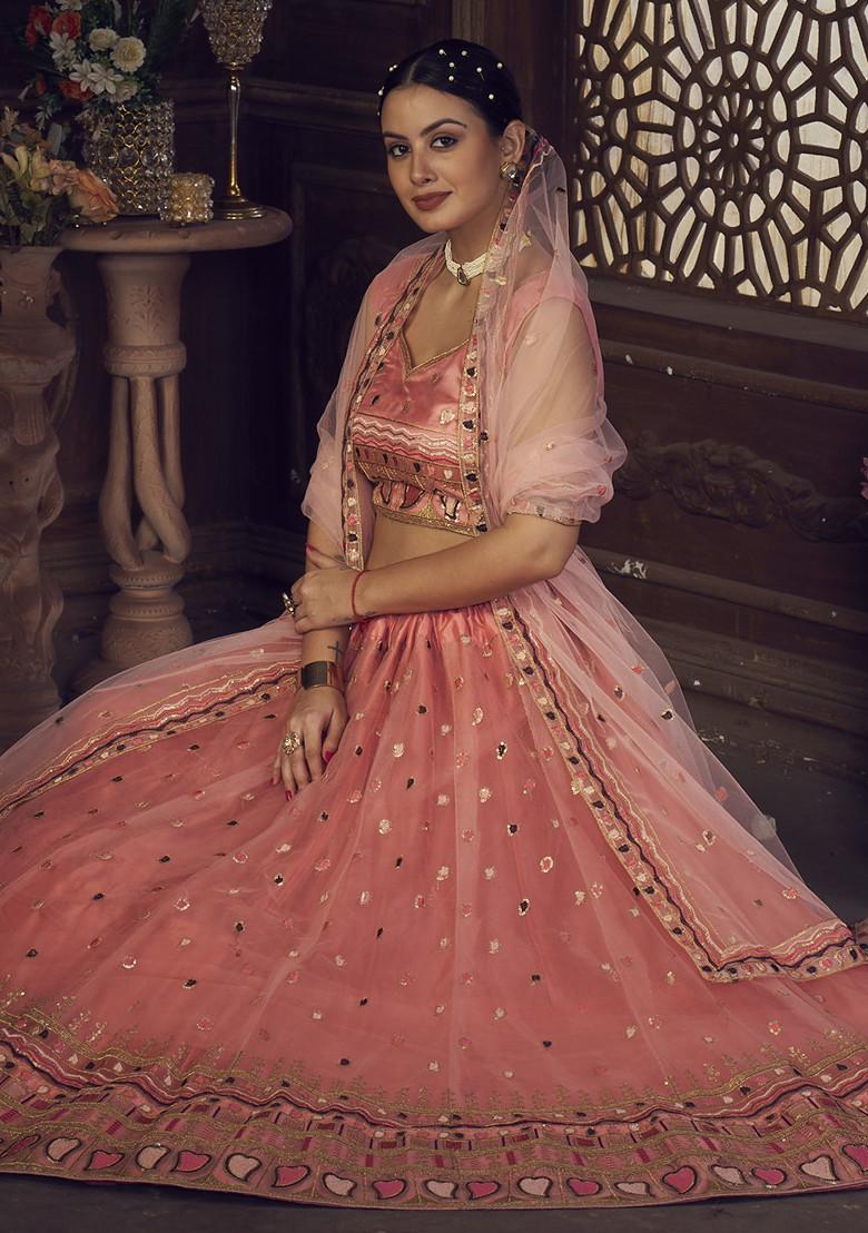 Peach Sequin Embroidered Silk Lehenga Set