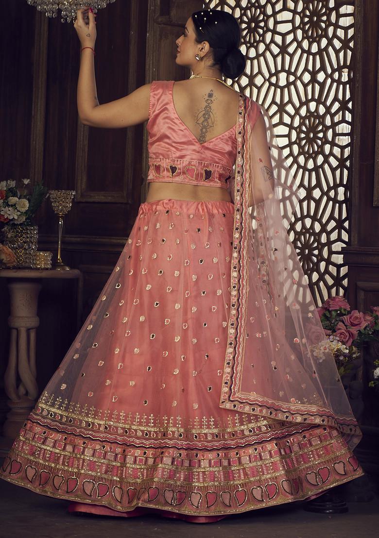 Peach Sequin Embroidered Silk Lehenga Set