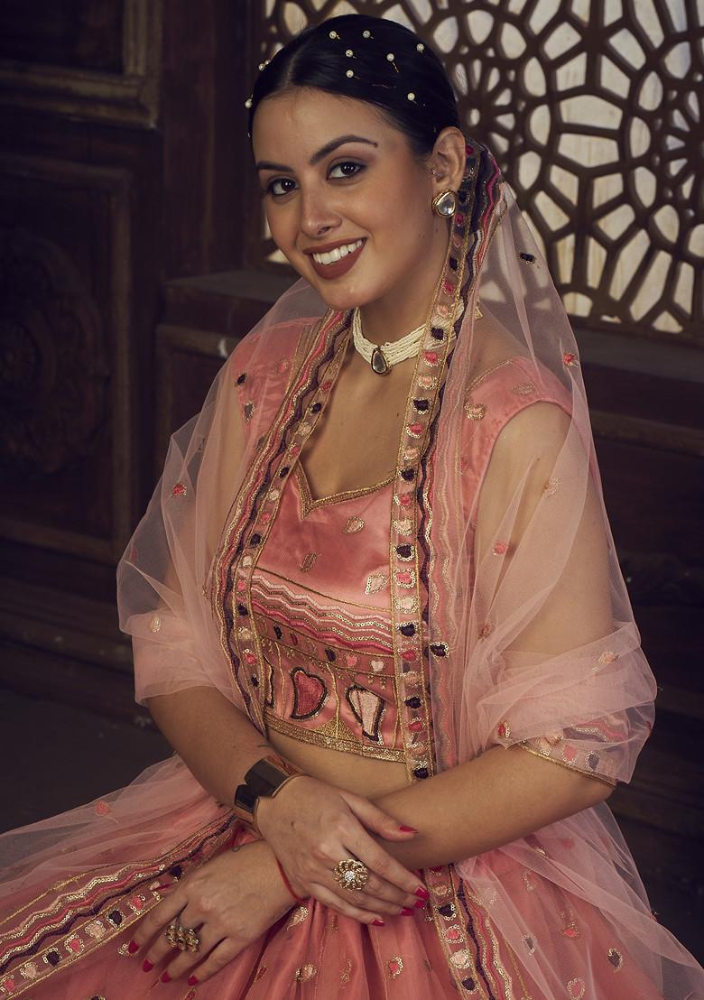 Peach Sequin Embroidered Silk Lehenga Set