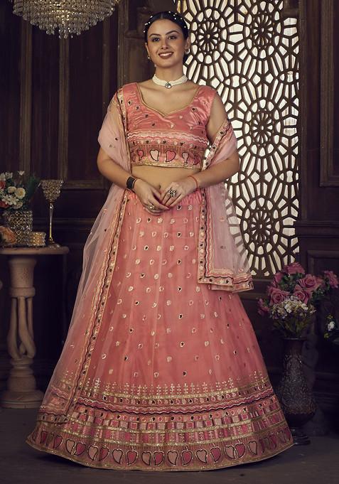 Peach Sequin Embroidered Silk Lehenga Set