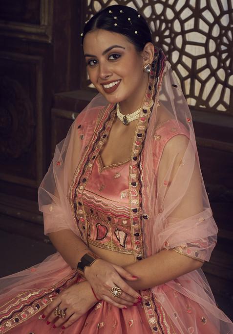 Peach Sequin Embroidered Silk Lehenga Set