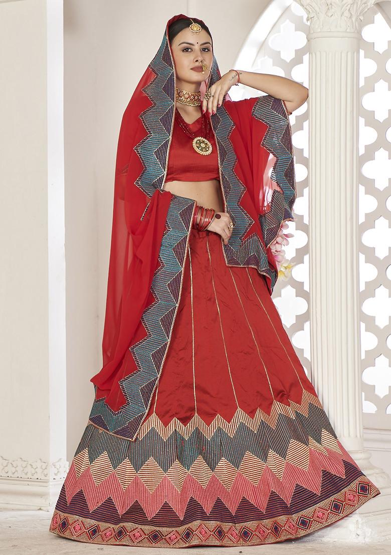 Dark Red Sequin Embroidered Taffeta Silk Lehenga Set - Indya