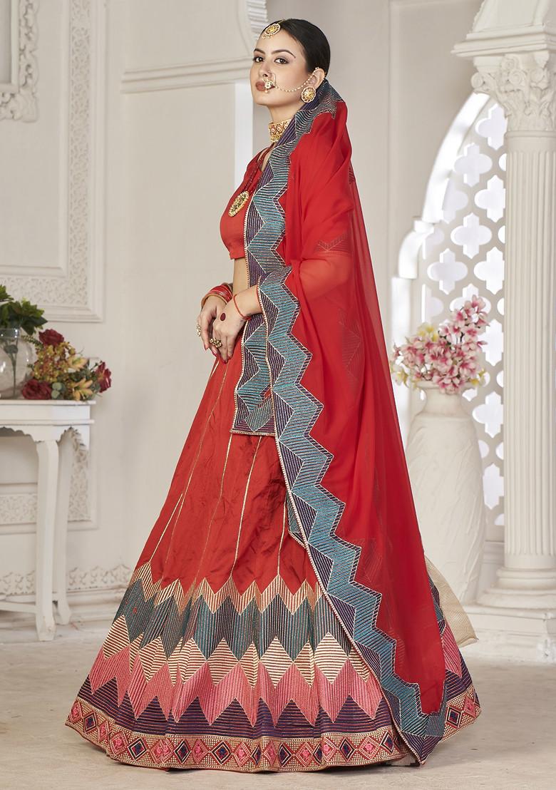 Dark Red Sequin Embroidered Taffeta Silk Lehenga Set