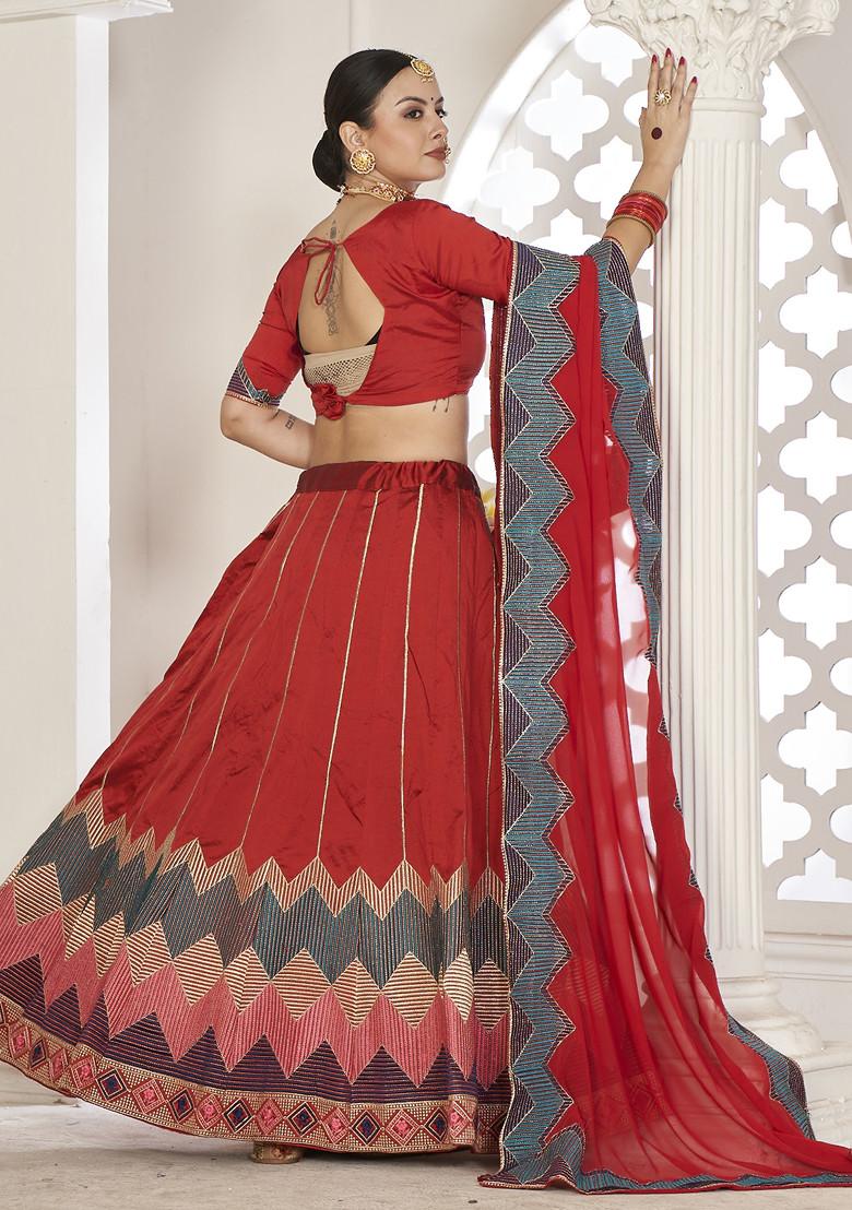 Dark Red Sequin Embroidered Taffeta Silk Lehenga Set - Indya