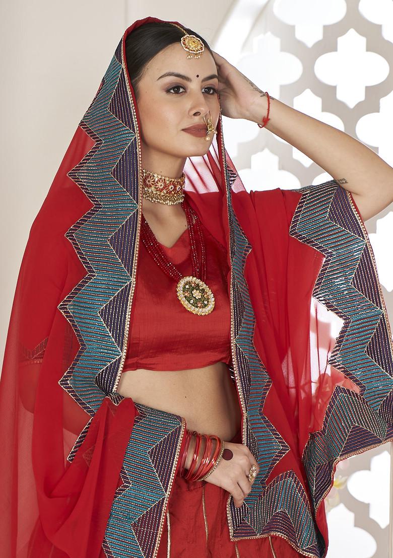 Dark Red Sequin Embroidered Taffeta Silk Lehenga Set