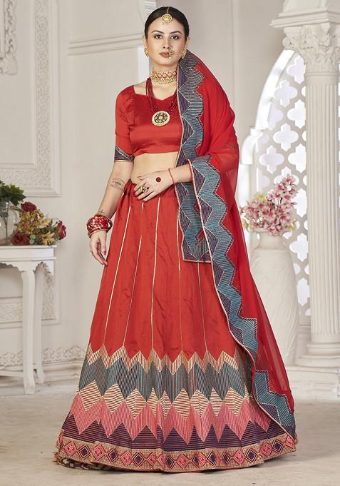 Dark Red Sequin Embroidered Taffeta Silk Lehenga Set